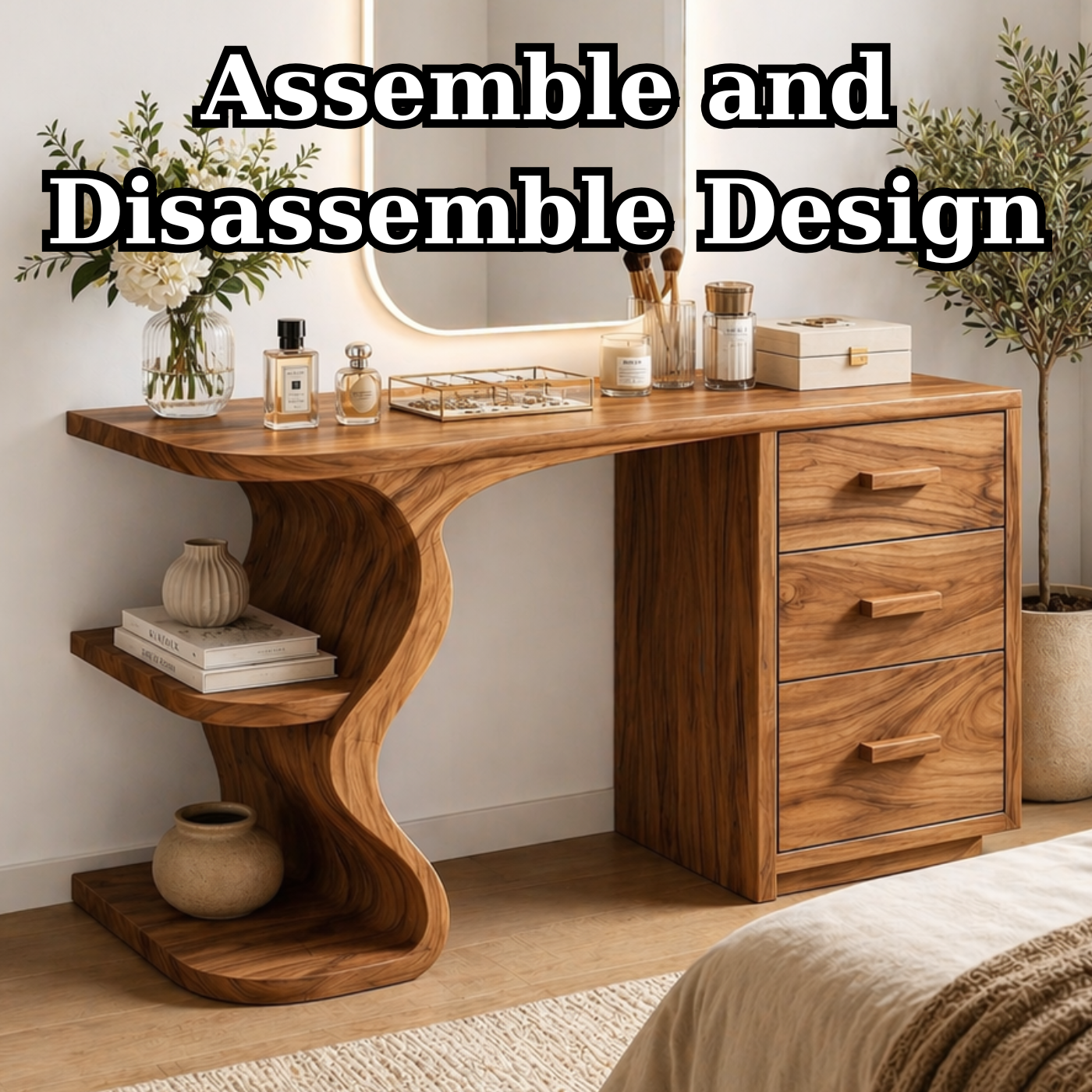 Solid Wood Makeup Vanity Desk with Sculptural Curved Base and 3 Drawers