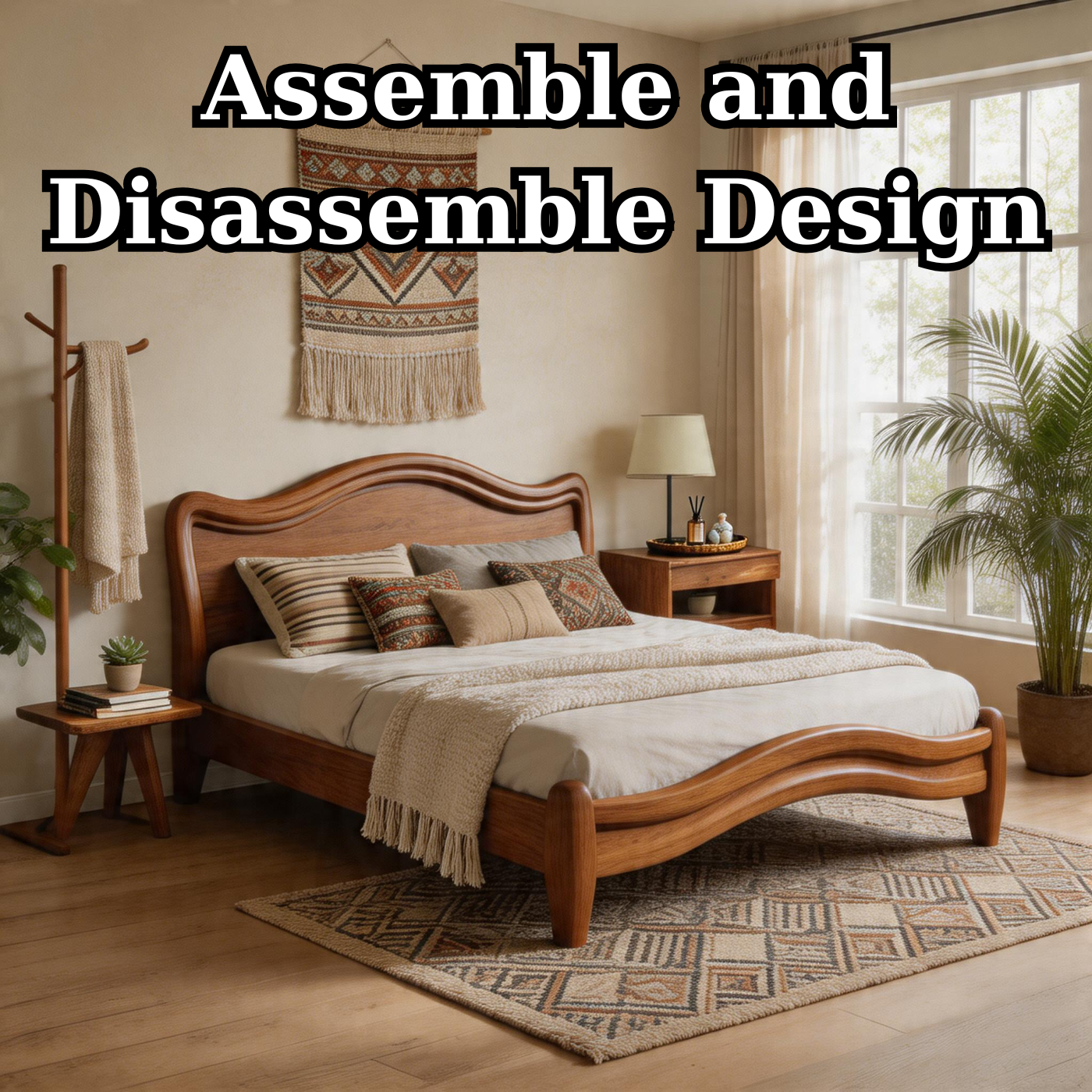 Modern Solid Wood Platform Bed with Curved Design