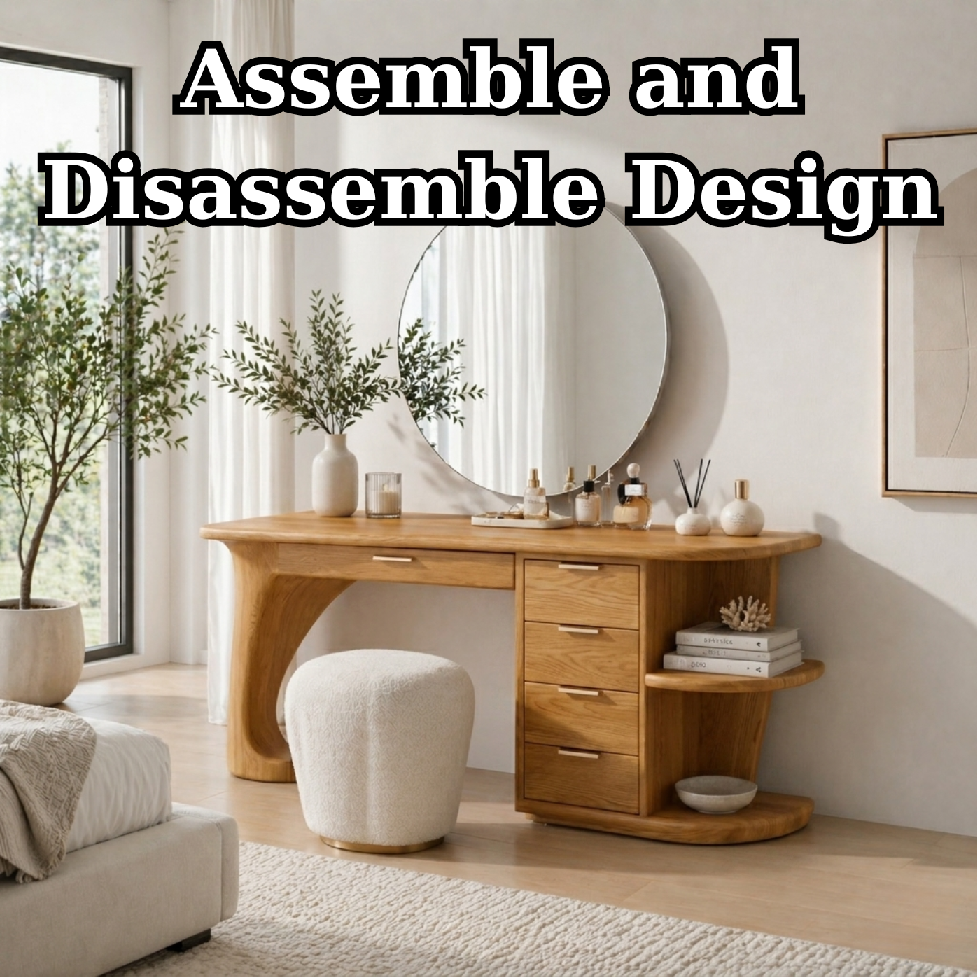 Solid Wood Makeup Vanity Desk with Curved Base and Multi Drawer Storage