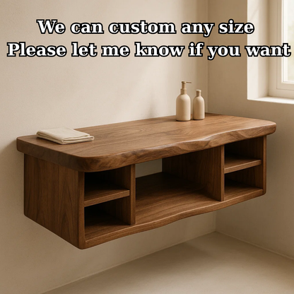 Handcrafted Solid Wood Floating Vanity - All Open Live Edge Console with Display Shelves Kitchnce