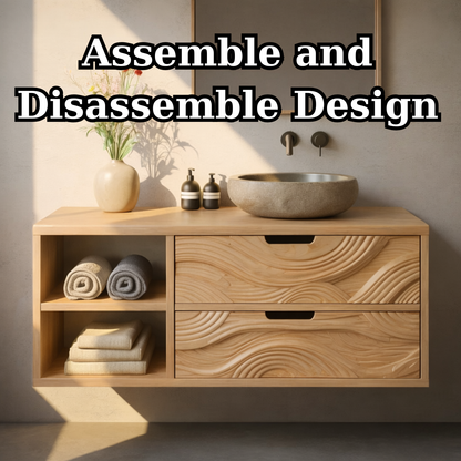 Floating Solid Wood Bathroom Vanity with Sculpted Wave Drawers and Open Shelf – Modern Organic Bathroom Cabinet Kitchnce