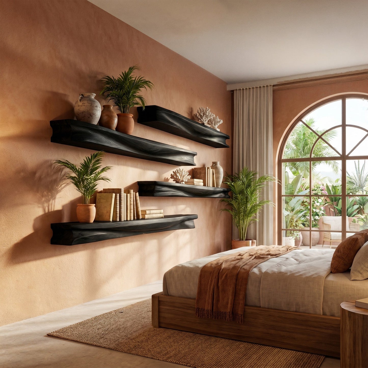 Layered Wood Wall-Mounted Shelf With Sculptural Display