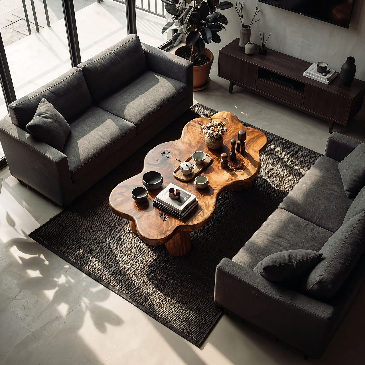Organic Live Edge Coffee Table with Sculpted Solid Base