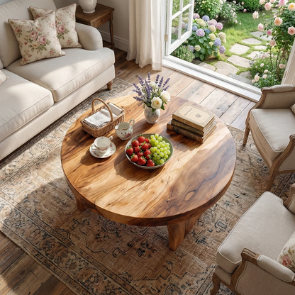 Round Solid Wood Coffee Table with Sculptural Block Base