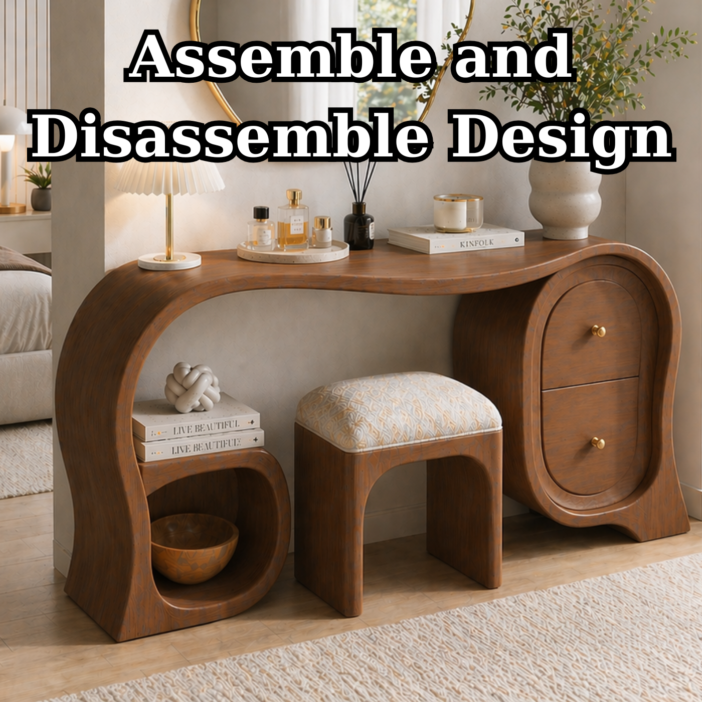 Solid Wood Makeup Vanity Desk with Sculptural Arch Design and Drawer Storage