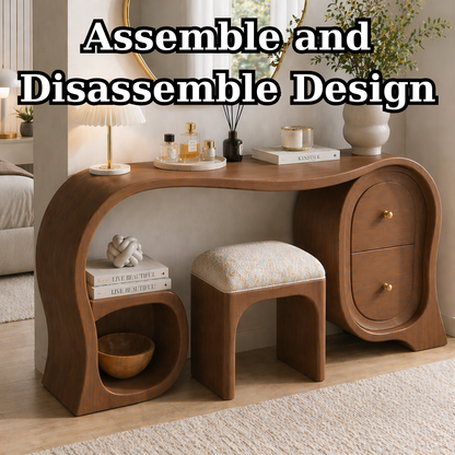 Solid Wood Makeup Vanity Desk with Sculptural Arch Design and Drawer Storage