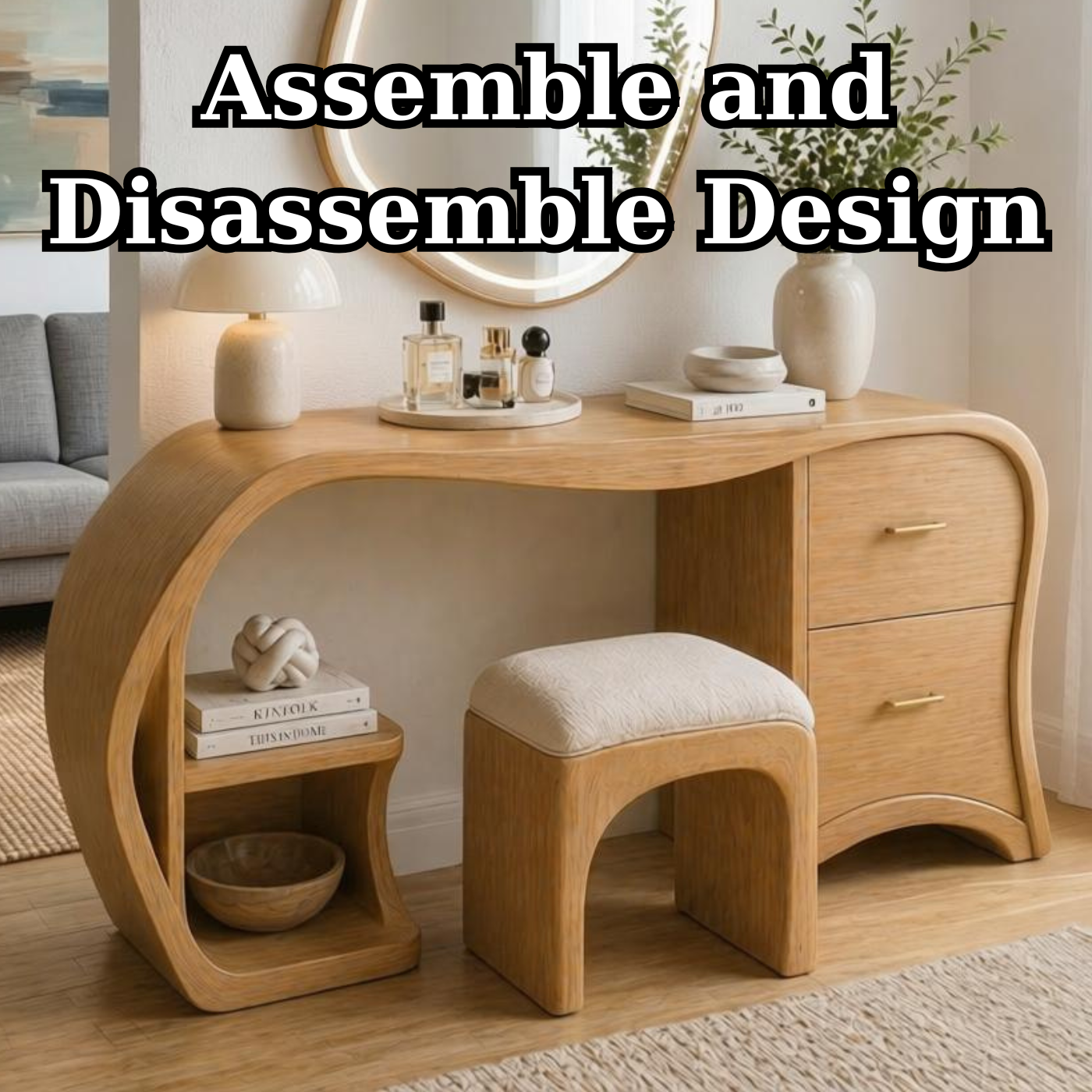 Solid Wood Makeup Vanity Desk with Curved Design and 2 Drawers