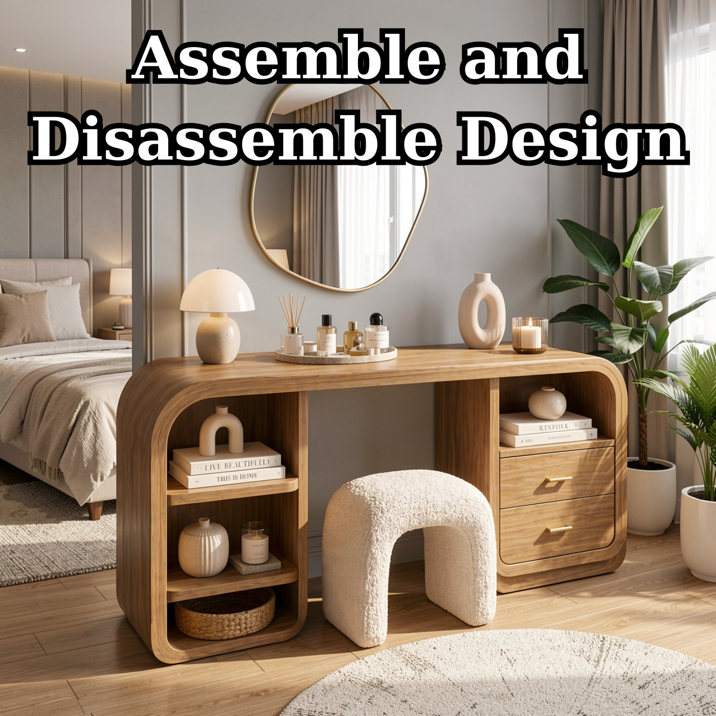 Solid Wood Makeup Vanity Desk with Rounded Design and Drawer Storage