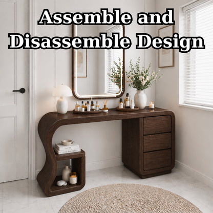Solid Wood Makeup Vanity Desk with Curved Design and 3 Drawer Storage
