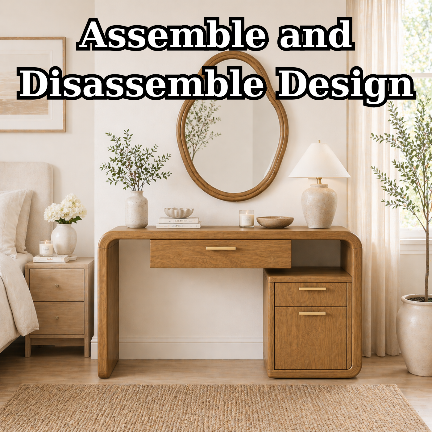 Solid Wood Makeup Vanity Desk with Rounded Frame and Drawer Storage