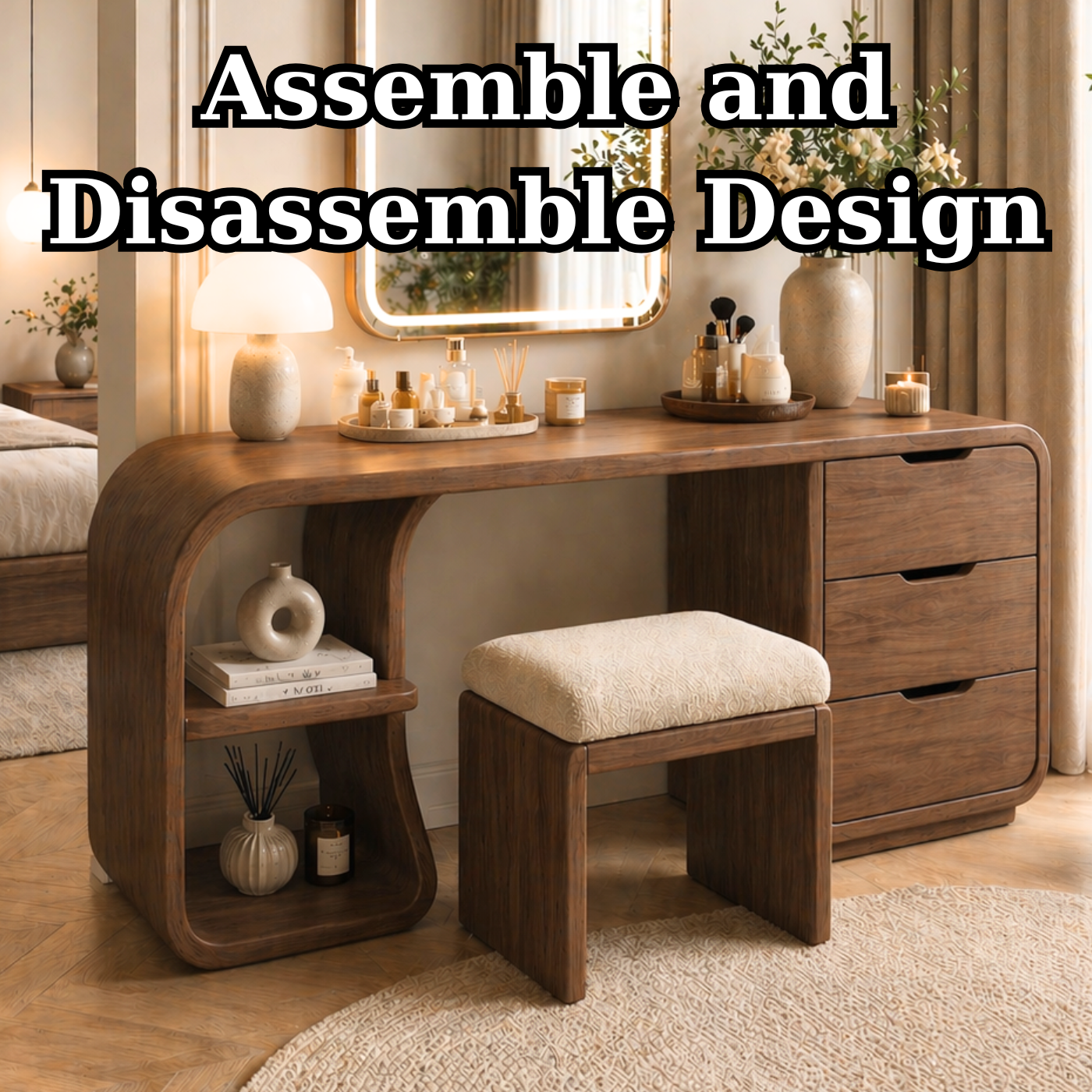 Solid Wood Makeup Vanity Desk with Rounded Waterfall Design and Drawers