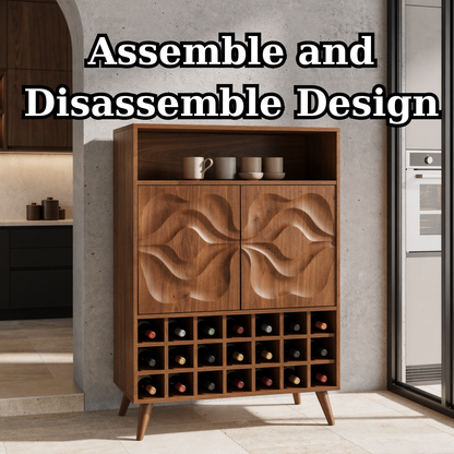 Solid Wood Wine Cabinet with Carved Doors and Grid Bottle Storage