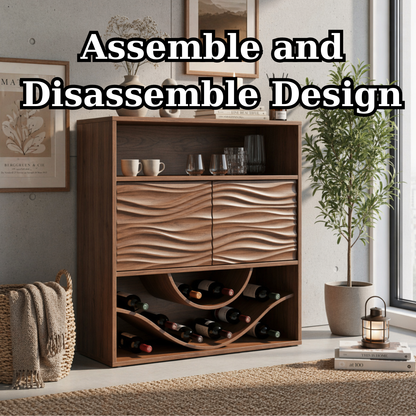 Solid Wood Wine Cabinet with Wave Carved Doors and Open Bottle Storage