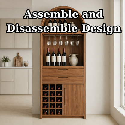 Solid Wood Wine Cabinet with Arched Top, Glass Holder and Bottle Storage