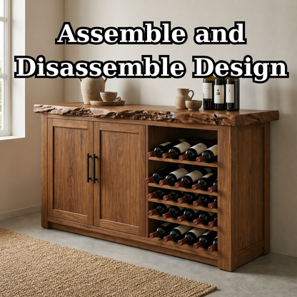 Solid Wood Wine Cabinet with Live Edge Top and Built-In Bottle Rack