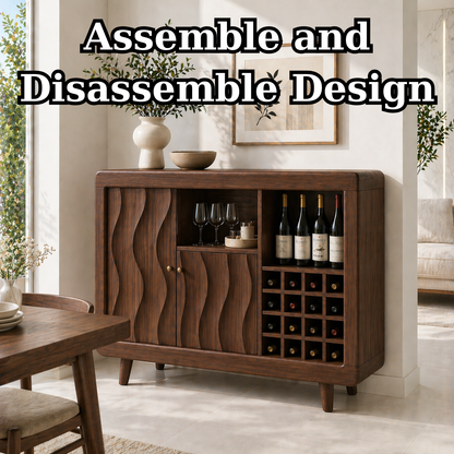 Solid Wood Wine Cabinet with Wave Carved Doors and Built-in Bottle Storage