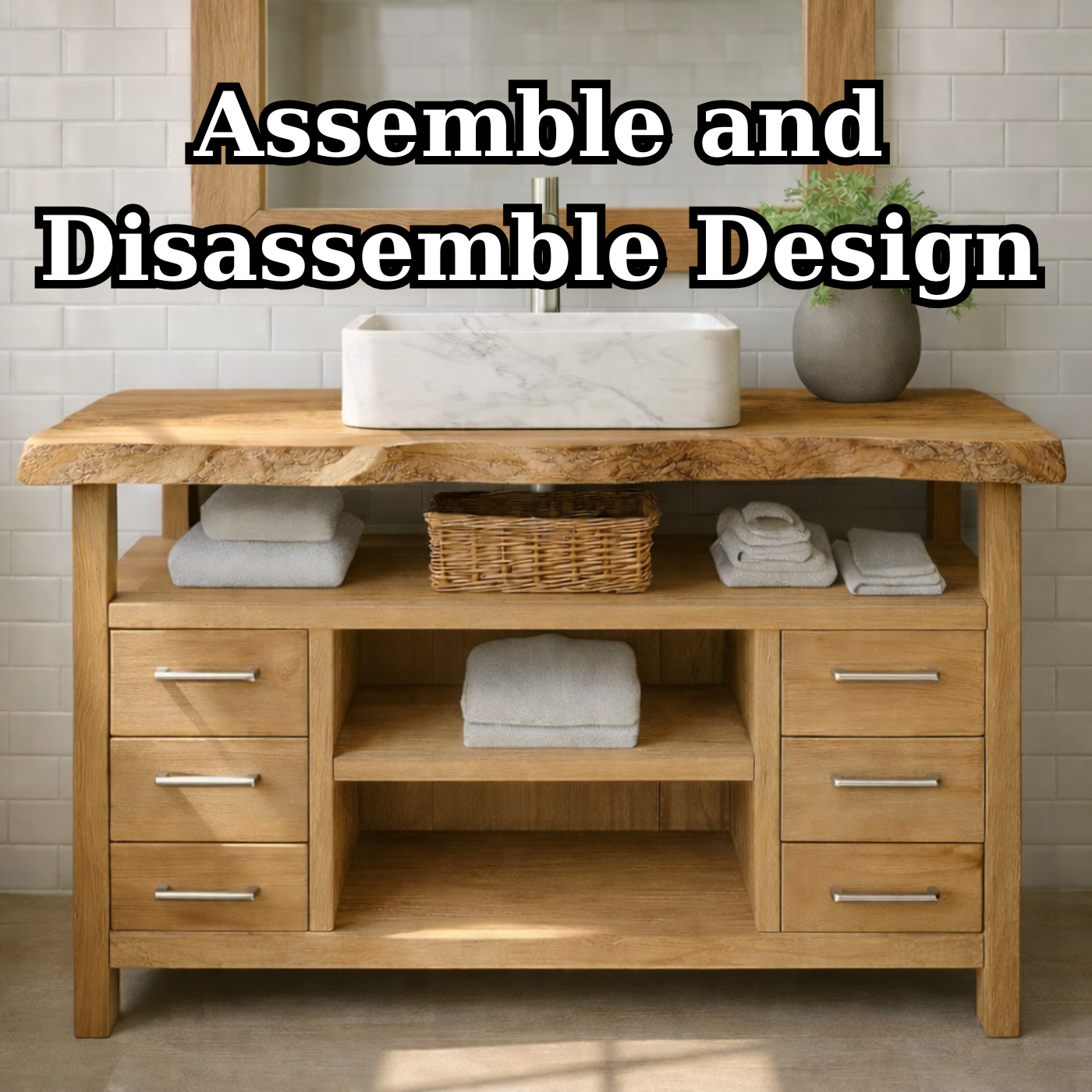 Solid Wood Bathroom Vanity with Six Drawers and Open Shelves – Freestanding Natural Wood Vanity Cabinet Kitchnce