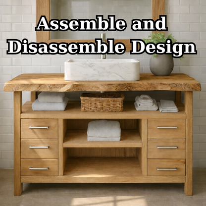 Solid Wood Bathroom Vanity with Six Drawers and Open Shelves – Freestanding Natural Wood Vanity Cabinet Kitchnce