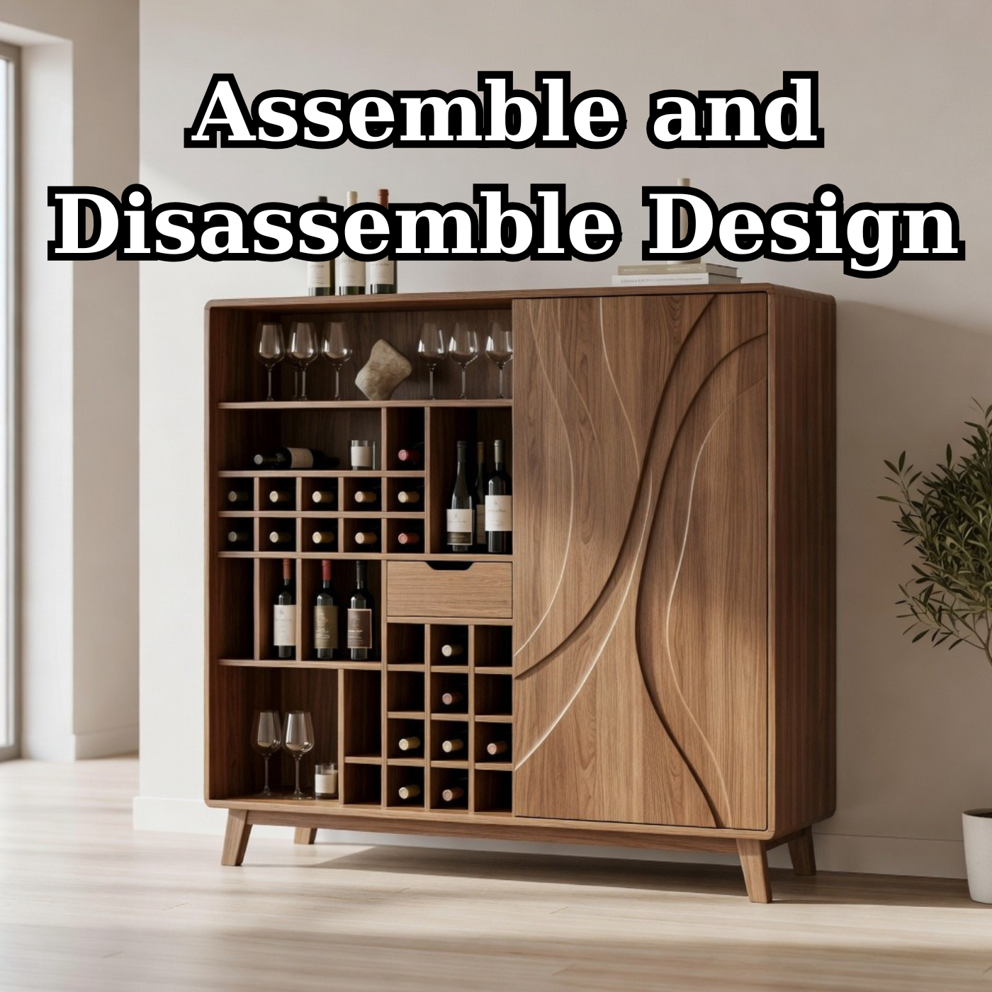 Solid Wood Wine Cabinet with Curved Carved Door and Multi Bottle Storage