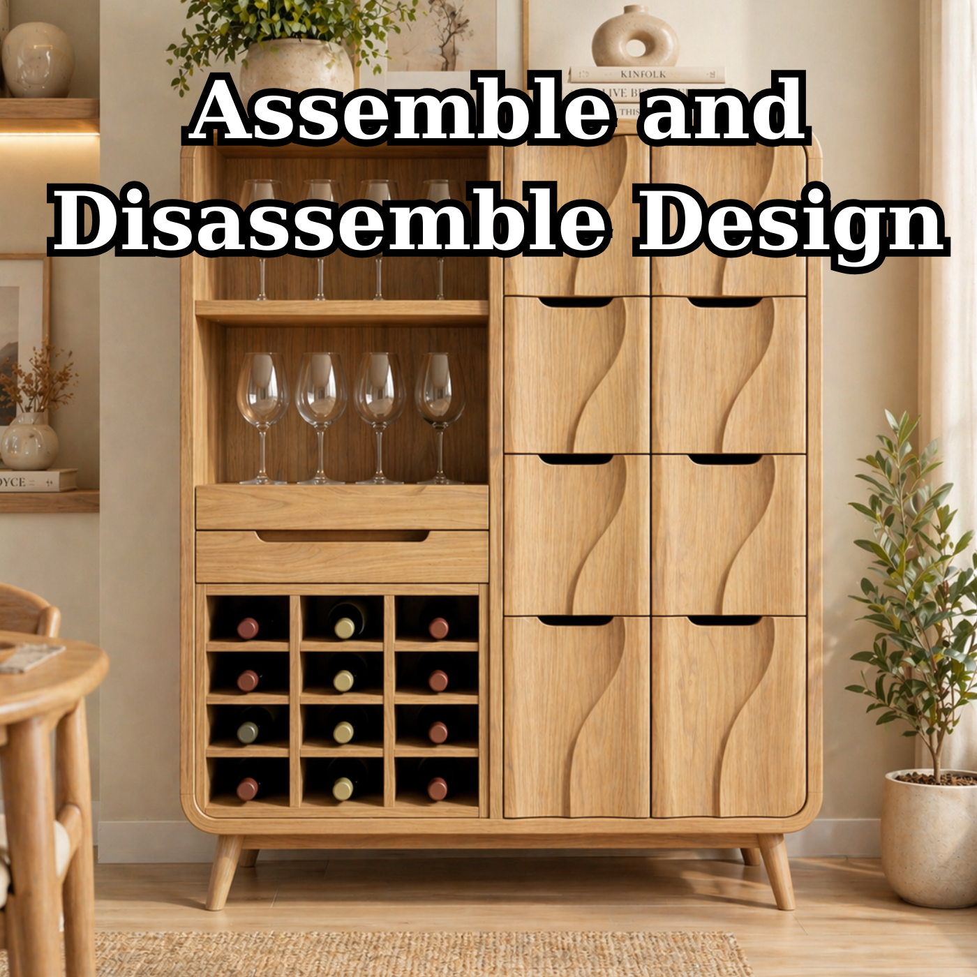 Solid Wood Wine Cabinet with Wave Carved Drawers and Glassware Storage