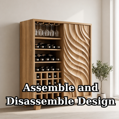 Solid Wood Wine Cabinet with Sculpted Wave Door and Bottle Storage