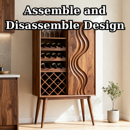 Solid Wood Wine Cabinet with Wave Carved Door and Bottle Storage Rack