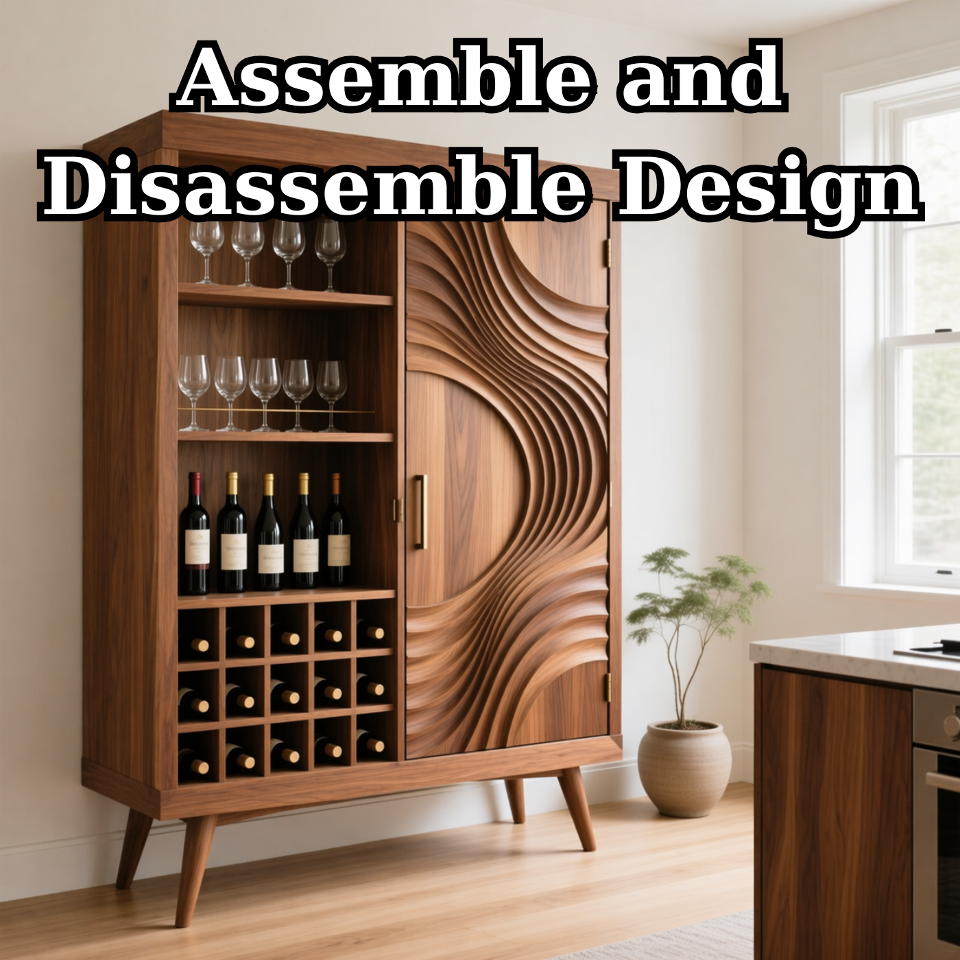 Solid Wood Wine Cabinet with Sculpted Wave Doors and Bottle Storage