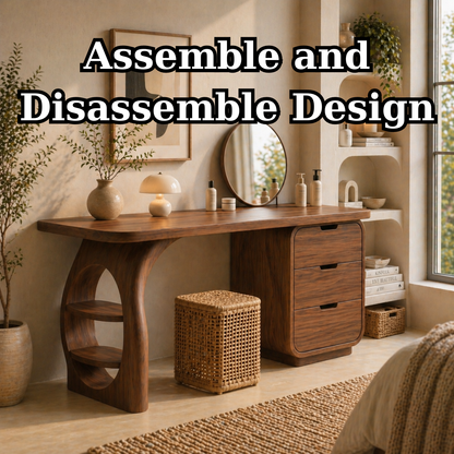 Solid Wood Makeup Vanity Desk with Sculptural Base and Drawer Storage