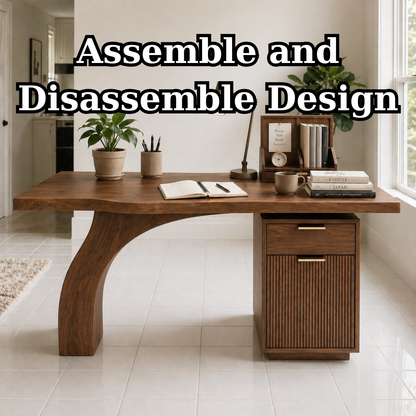 Solid Wood Study Desk with Curved Leg and Drawer Cabinet Storage