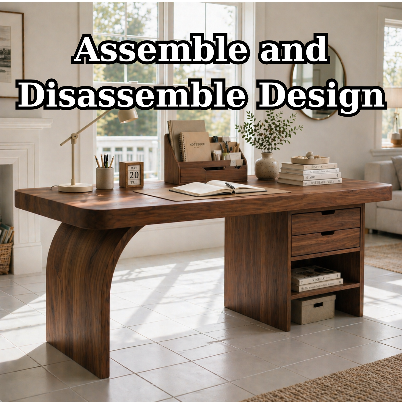 Solid Wood Study Desk with Curved Leg, Drawers and Open Shelf Storage