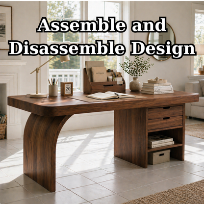 Solid Wood Study Desk with Curved Leg, Drawers and Open Shelf Storage