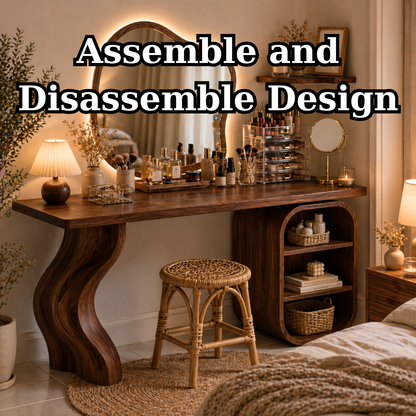 Solid Wood Makeup Vanity with Curved Leg and Open Shelf Storage