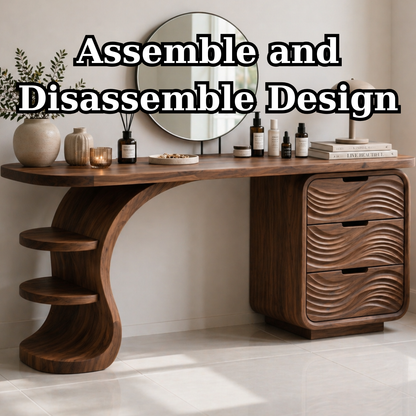 Solid Wood Makeup Vanity Desk with Wave Drawers and Curved Sculptural Base