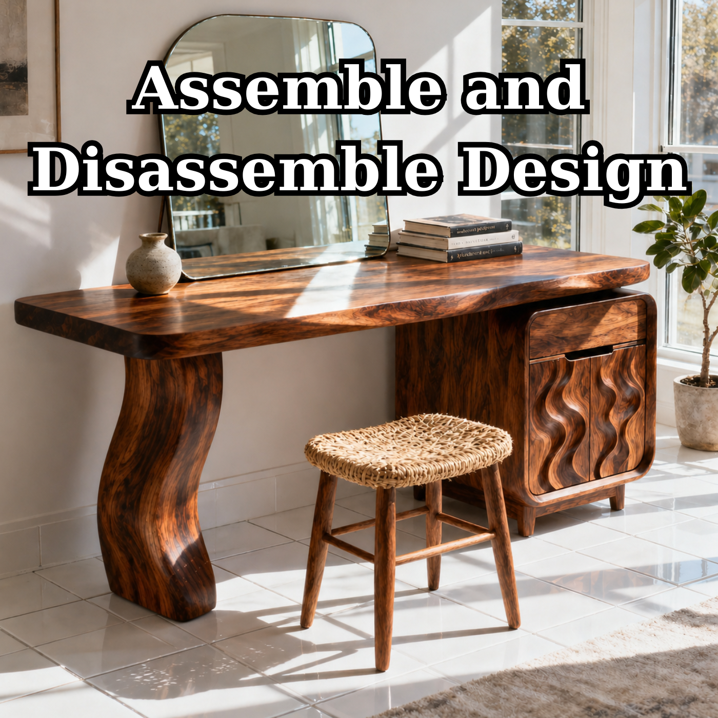 Solid Wood Makeup Vanity Desk with Sculptural Base and Wave Carved Cabinet