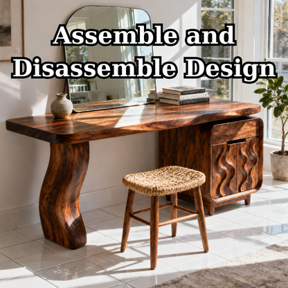 Solid Wood Makeup Vanity Desk with Sculptural Base and Wave Carved Cabinet