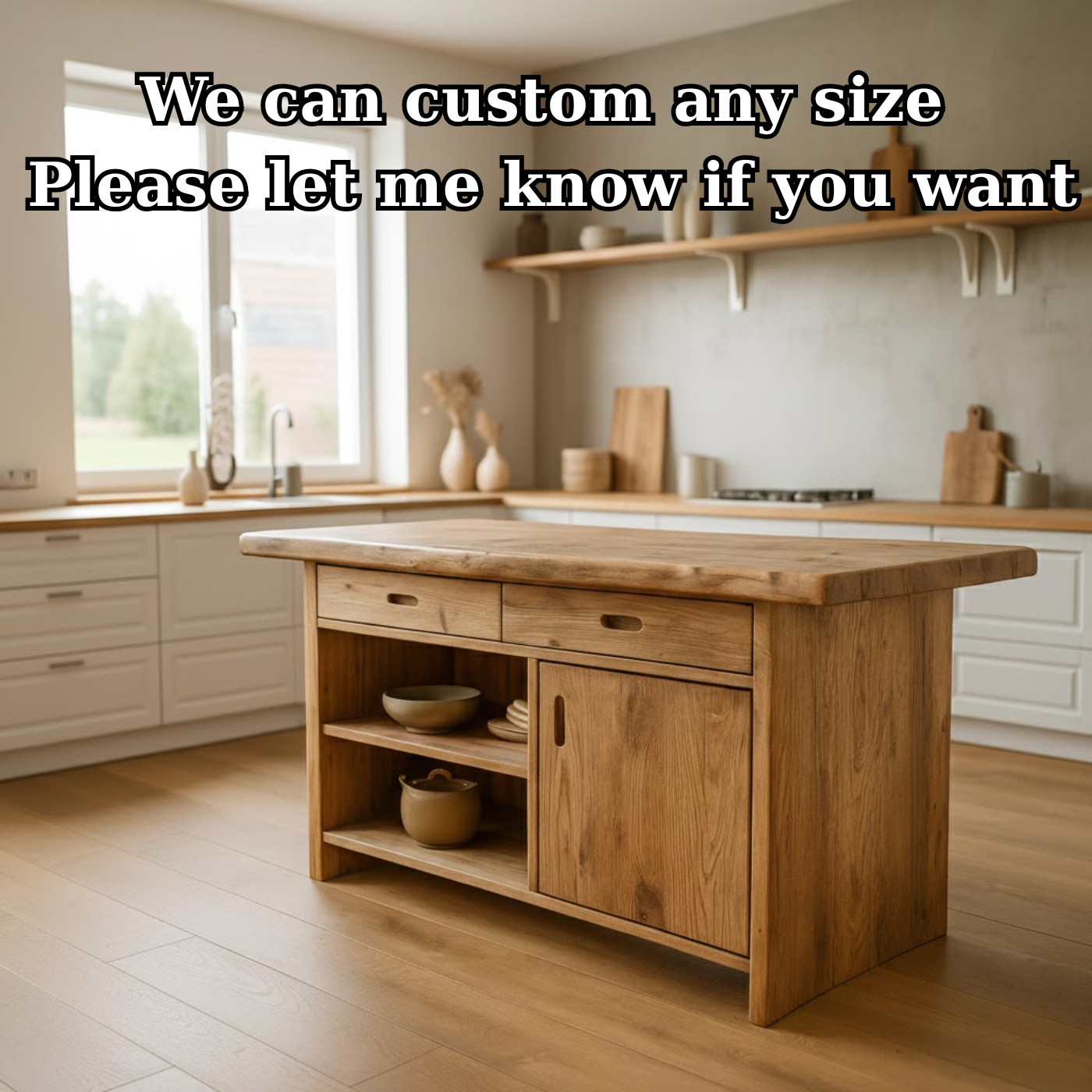 Handcrafted Solid Wood Kitchen Island with Open Shelves and Sliding-Door Storage Kitchnce