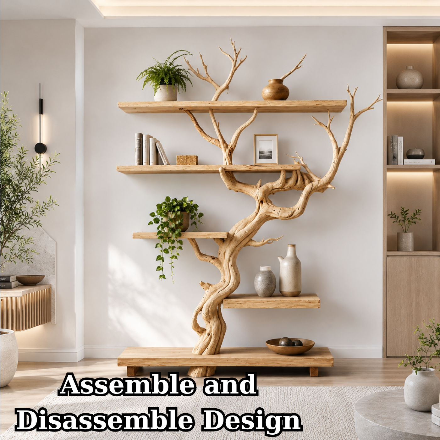 Handcrafted Solid Wood Tree Room Divider Bookshelf with Floating Shelves