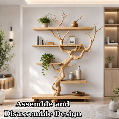 Handcrafted Solid Wood Tree Room Divider Bookshelf with Floating Shelves