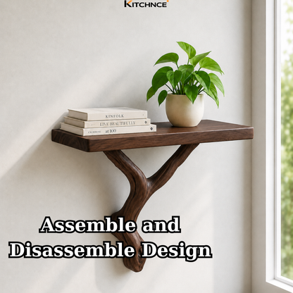 Handcrafted Solid Wood Floating Shelf with Organic Wood Bracket