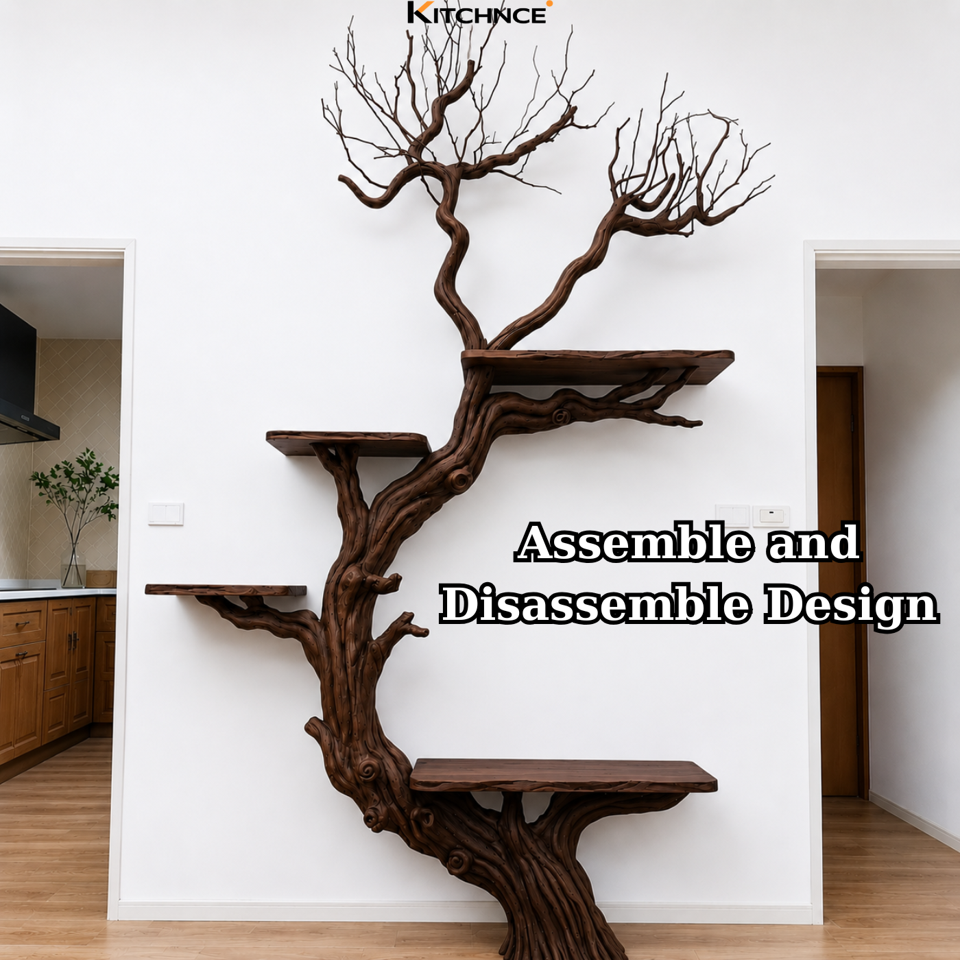 Handcrafted Solid Wood Tree Wall Shelf with Twisted Branch Design