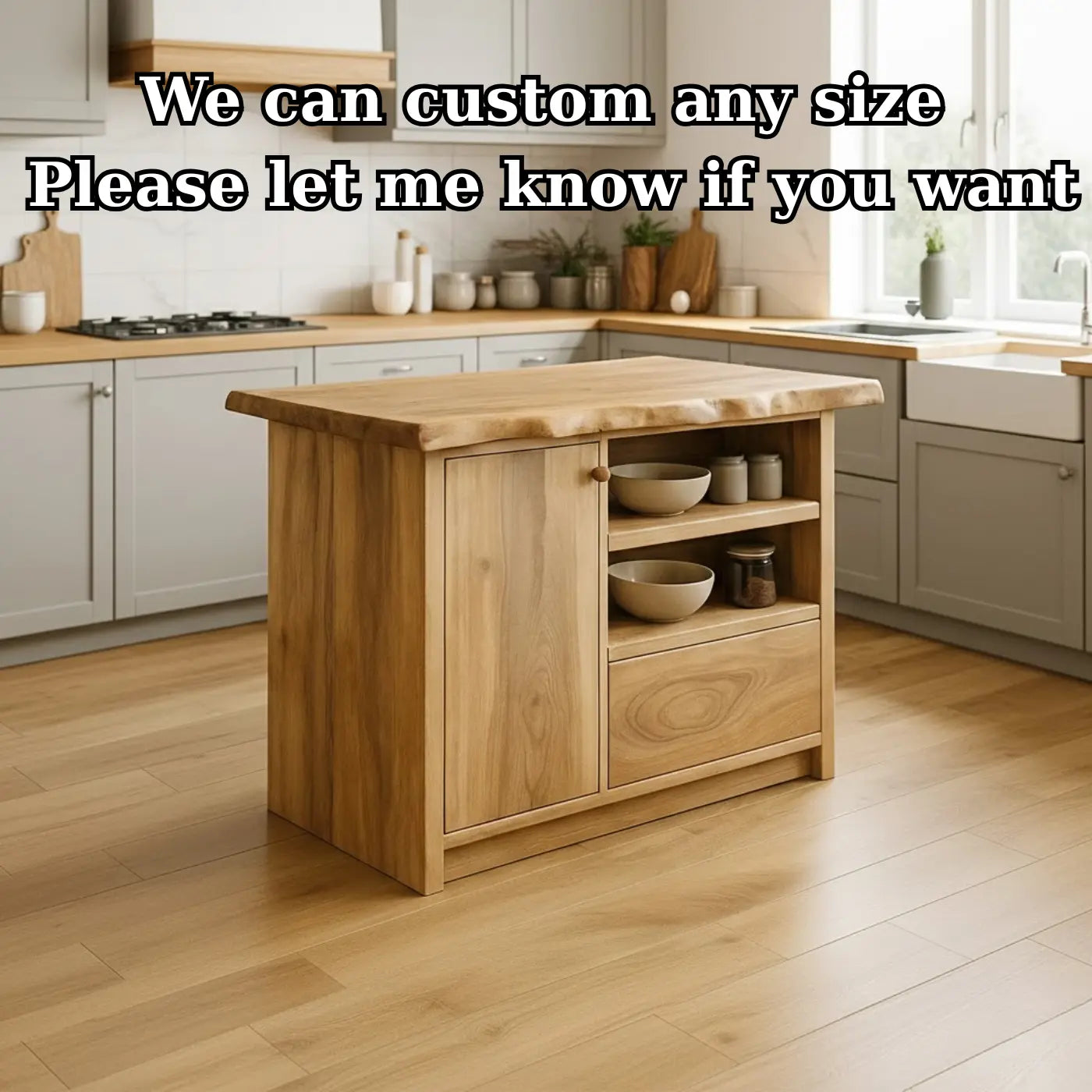 Solid Wood Kitchen Island with Cabinet and Open Shelves, Modern Oak Kitchen Prep Table Kitchnce