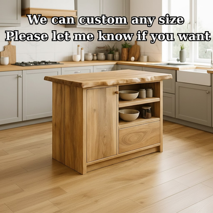 Handcrafted Solid Wood Kitchen Island with Live-Edge Top and Open Storage Shelves Kitchnce