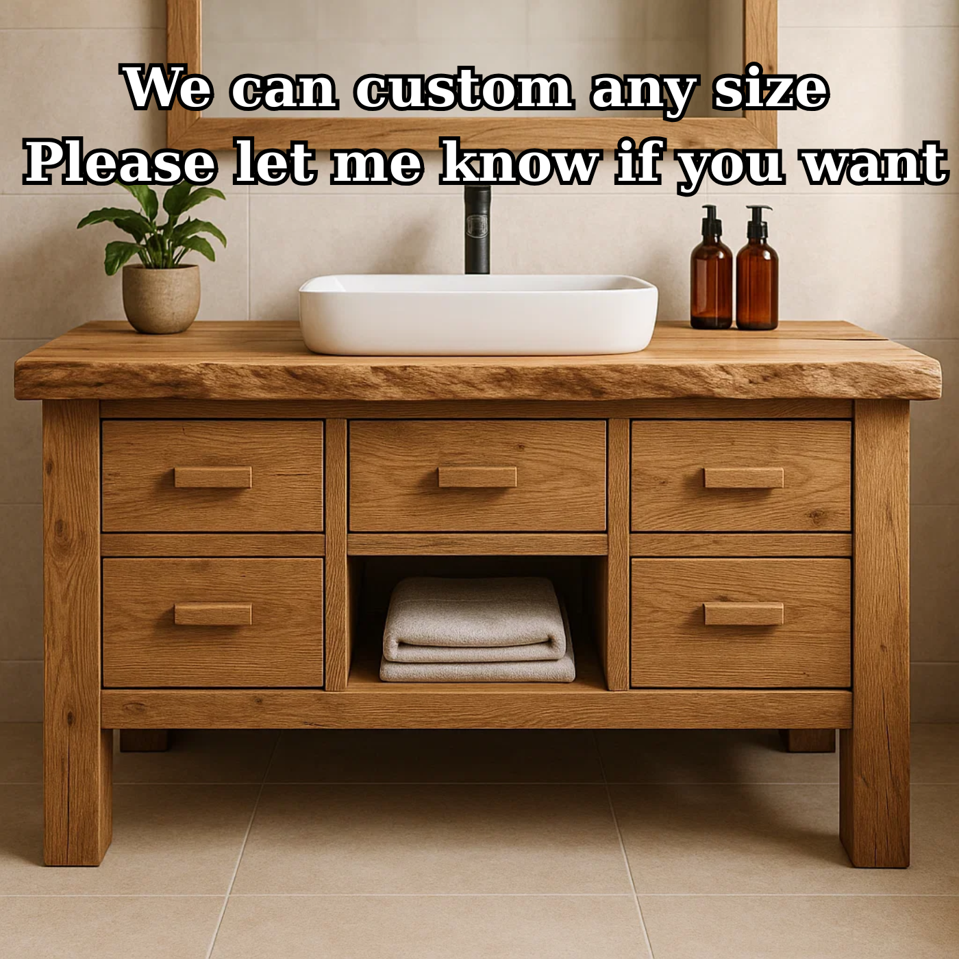 Handcrafted Solid Wood Bathroom Vanity - Live Edge Storage Cabinet with 6 Drawers & Shelf Kitchnce