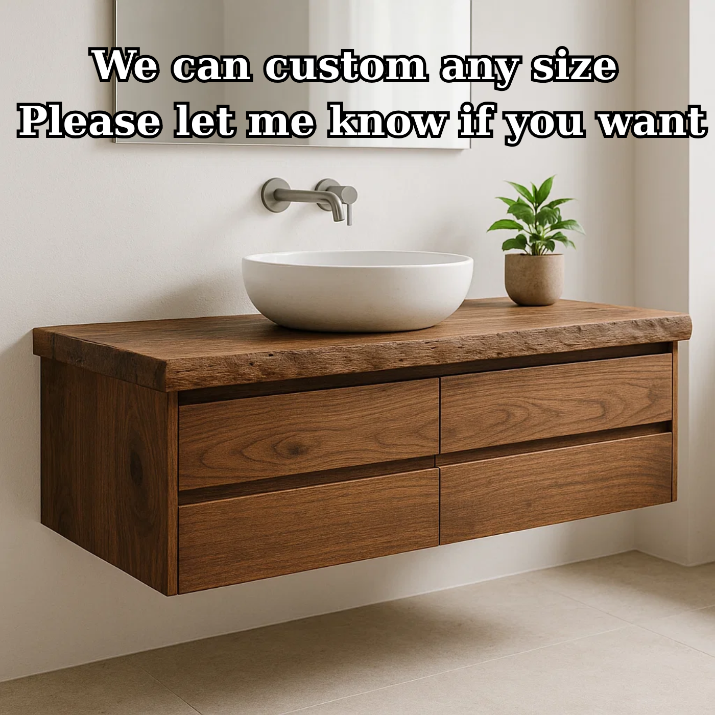 Handcrafted Solid Wood Floating Vanity - Live Edge Walnut Console with Max Storage 4-Drawer Kitchnce
