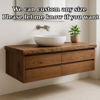 Handcrafted Solid Wood Floating Vanity - Live Edge Walnut Console with Max Storage 4-Drawer Kitchnce