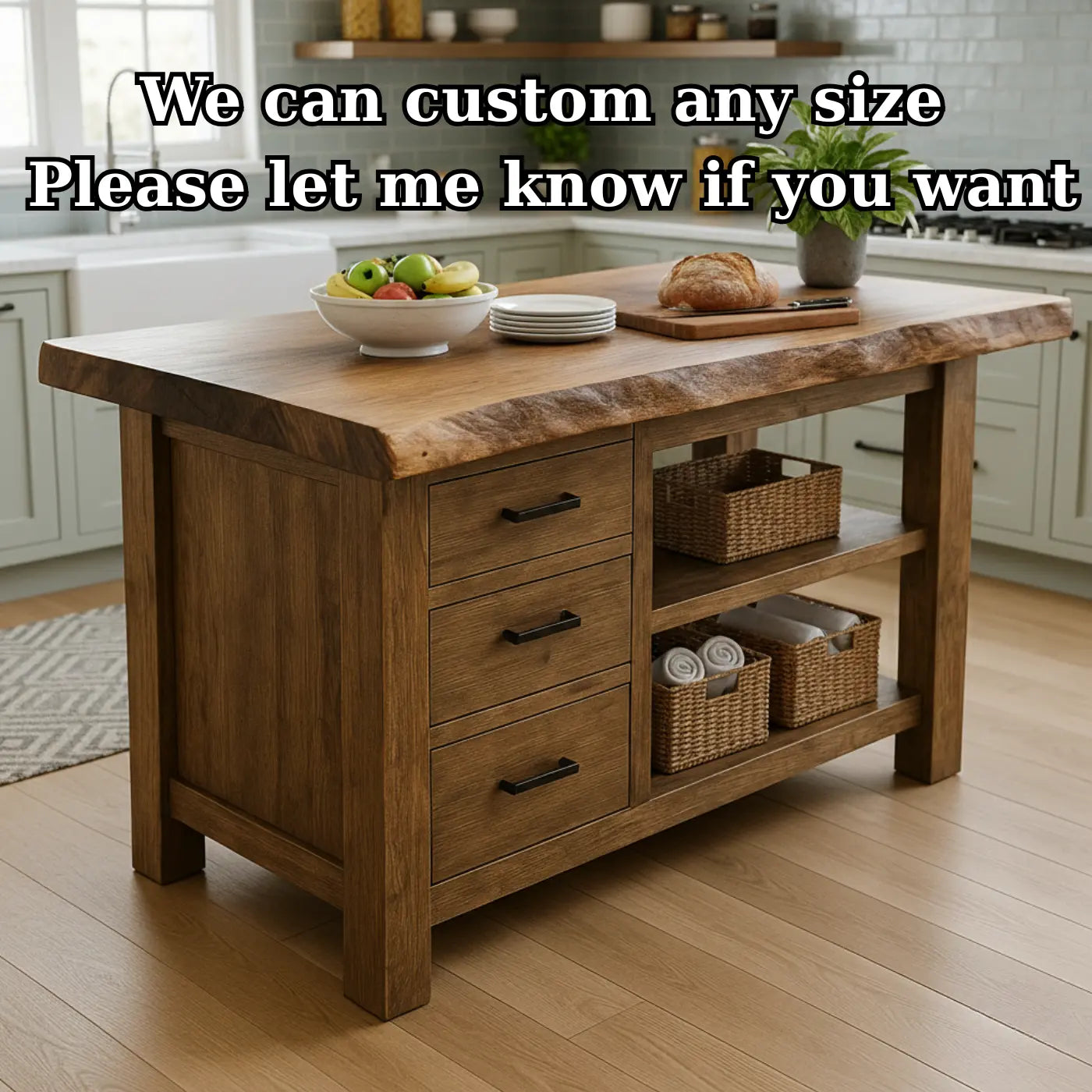 Handcrafted Solid Wood Kitchen Island - Live Edge, Drawers & Open Shelves Kitchnce