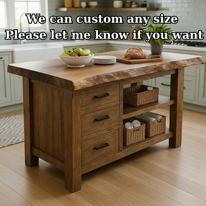 Handcrafted Solid Wood Kitchen Island - Live Edge, Drawers & Open Shelves Kitchnce