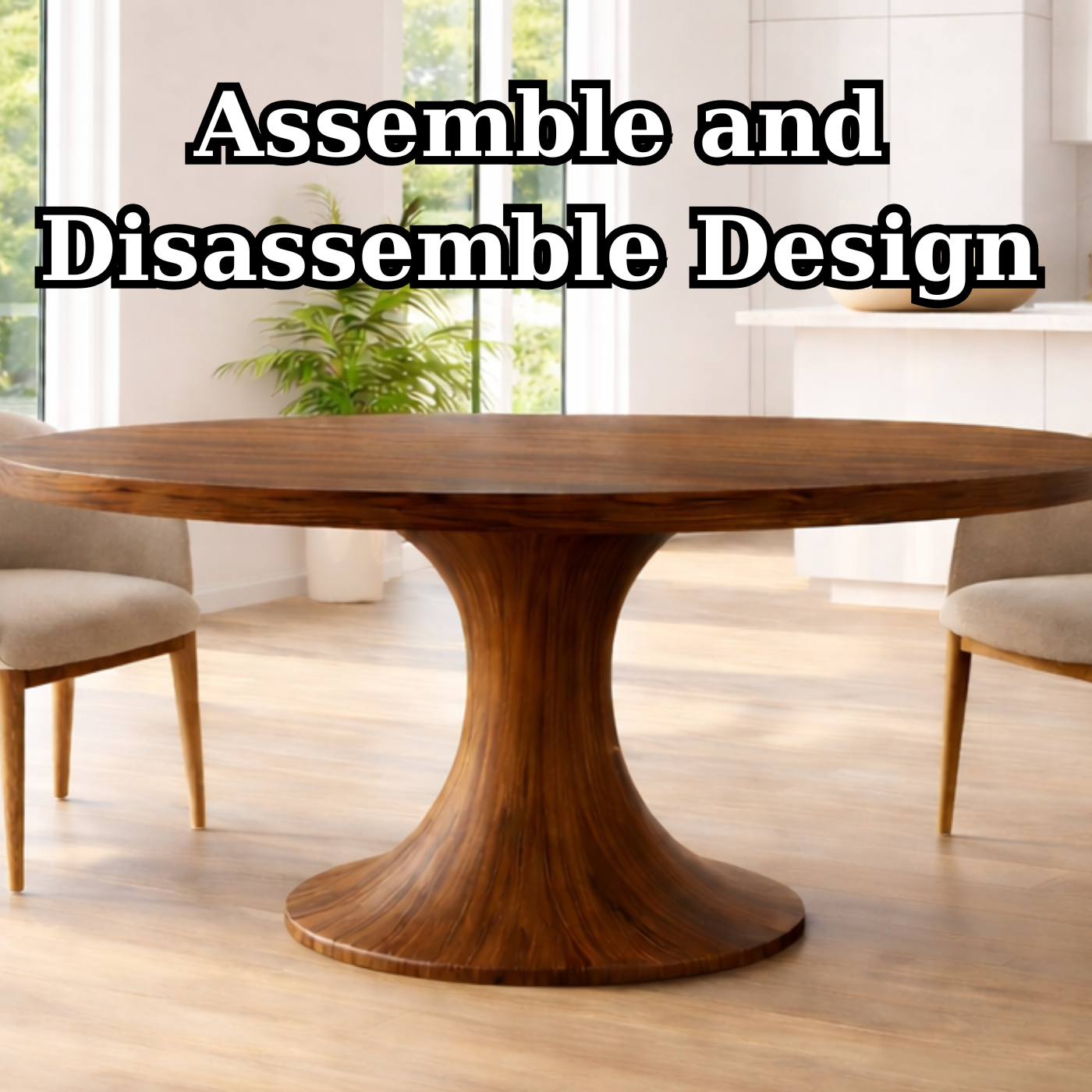 Modern Solid Wood Round Dining Table with Sculptural Pedestal Base