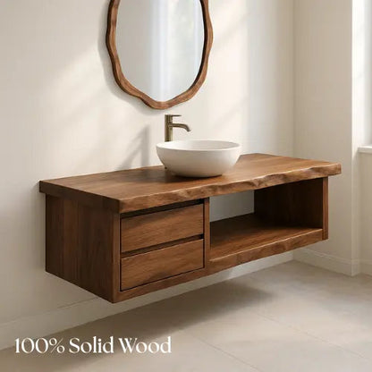 Handcrafted Floating Solid Walnut Bathroom Vanity – Live Edge Countertop with Dual Drawers and Open Shelf – Modern Rustic Design Kitchnce