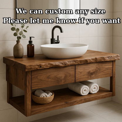 Handcrafted Solid Wood Floating Bathroom Vanity with Live Edge Top - Modern Rustic Washstand Kitchnce